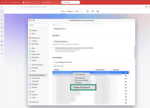 Vivaldi browser showing delete passwords option highlighted.