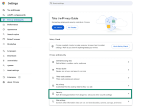 The Privacy and security tab in Google Chrome settings on desktop, highlighting the "Security" option.