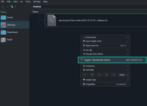 Linux folder showing the "Open Terminal Here" option in the right-click menu.