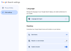 Google Search Other settings page with Language and region highlighted.