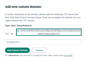 The ExpressMailGuard "Add new custom domain" window, with the DNS TXT record highlighted