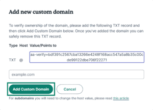 The ExpressMailGuard "Add new custom domain" window with the "Add Custom Domain" button highlighted