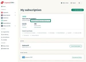 My subscription tab in the ExpressVPN+ dashboard, with the Renewal date highlighted.