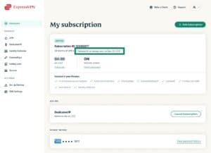 My subscription tab in the ExpressVPN+ dashboard, with the Renewal date highlighted.