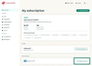 My subscription tab in the ExpressVPN+ dashboard, with the "view payment history" option highlighted.