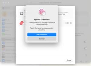 The Network Extension options on macOS, showing the popup prompt to use touch ID or enter a password to confirm a System Extension modification.