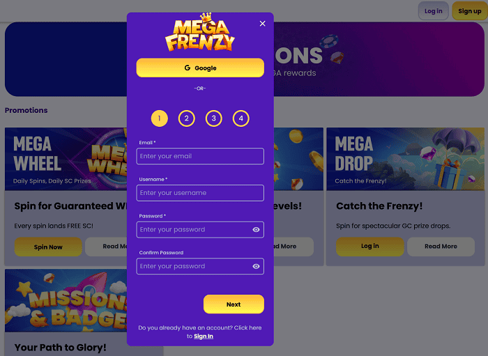 Mega Frenzy Register & Login 