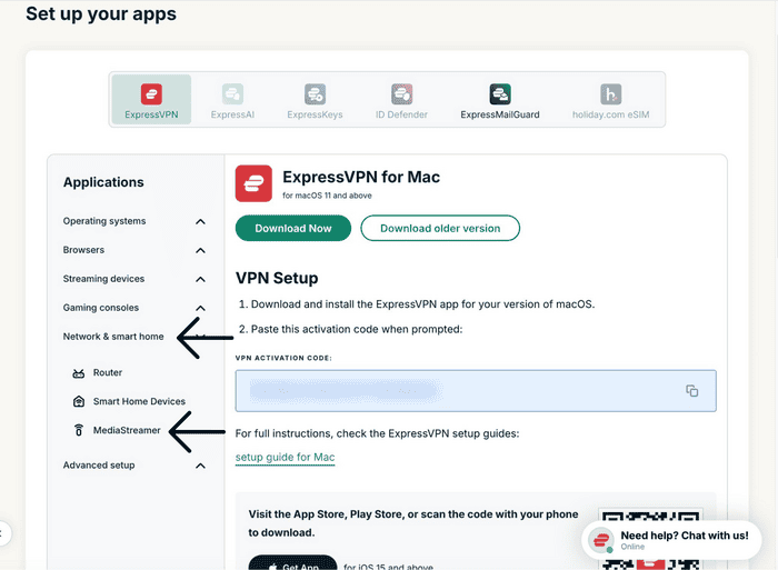 ExpressVPN+ dashboard showing the "ExpressVPN," "VPN," and "Set up more devices" options highlighted.