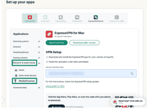 The "Network & smart home" and "MediaStreamer" options highlighted in the ExpressVPN+ portal.