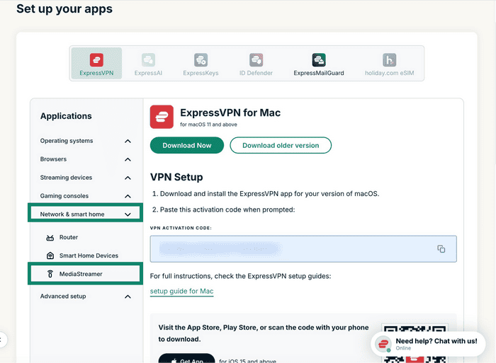 The Set up your apps page in the ExpressVPN+ portal, showing the "Network & smart home" dropdown menu, and "MediaStreamer" as a highlighted option.