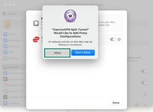 Mac Network Extension Settings, showing the popup window requesting permission to allow proxy configurations for ExpressVPN Split Tunnel.