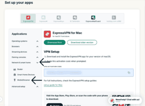 The Set up your apps page in the ExpressVPN+ portal, showing the "Network & smart home" dropdown menu, and "MediaStreamer" as a highlighted option.