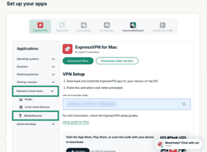 ExpressVPN account dashboard under "Set up your apps", showing the sidebar with "Network & smart home" and "MediaStreamer" highlighted in green boxes.