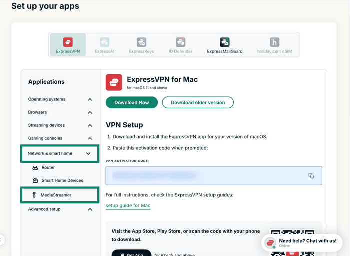 ExpressVPN account dashboard under "Set up your apps", showing the sidebar with "Network & smart home" and "MediaStreamer" highlighted in green boxes.
