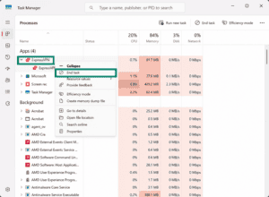 The Task Manager app on WIndows, showing a highlighted ExpressVPN app and an "End task" option.