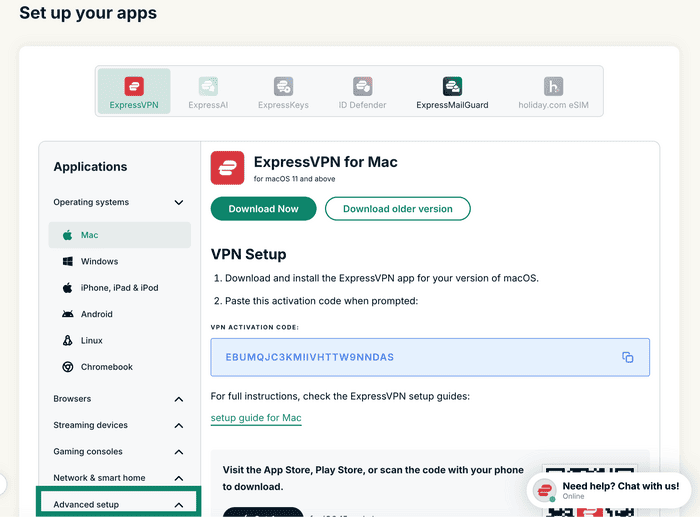 The "Set up your apps" page in ExpressVPN+, with a highlighted "Advanced setup" option at the bottom.