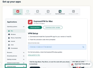 The "Set up your apps" page in ExpressVPN+, with a highlighted "Advanced setup" option at the bottom.