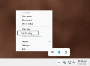 OpenVPN menu with Edit Config highlighted.