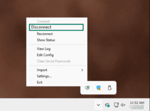 OpenVPN menu with Disconnect highlighted.