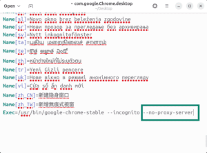 Text editor showing Chrome’s desktop launcher file, with "--no-proxy-server" highlighted at the end of the Exec command.