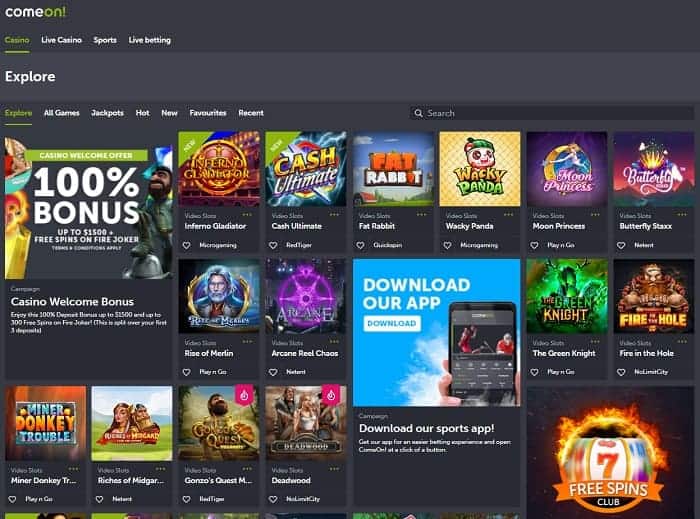 Comeon Casino schermoverzicht