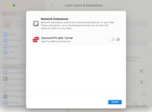 Mac Network Extensions Settings showing the ExpressVPN Split Tunnel extension