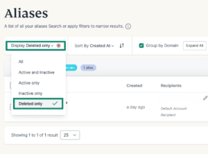 The Aliases tab, highlighting the Display Deleted Only dropdown menu and the Deleted only option in the menu.