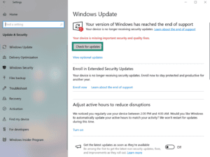 The Windows Update page on Windows 10, with a highlighted "Cehck for updates" button.