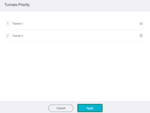 ExpressVPN dashboard on a GL.iNet Fortify router, showing the VPN tunnel priority window. The "Apply" button is highlighted.