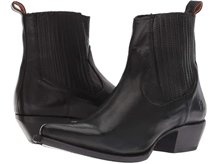 Black sacha chelsea boots from frye & co. Are western enough with a pointy toe and subtle detailing.