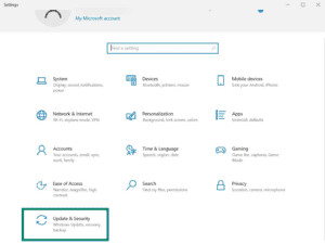 The Settings menu on Windows 10, with a highlighted "Update & Security" option.