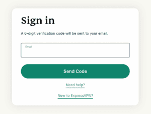 ExpressVPN sign-in screen with email field and Send Code button.