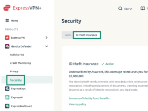 ExpressVPN+ dashboard showing the "Security" and "ID Theft Insurance" options highlighted.