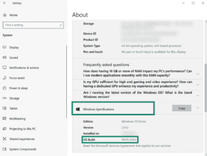 About page on Windows 10, showing a highlighted "Windows Specifications" option and OS build.