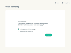 Credit Scanner verification prompt requesting to send a passcode via text message or voice call.