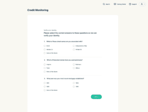 Credit Monitoring verification form with 3 multiple-choice questions and a green Submit button.