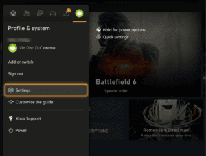 The Xbox Guide, showing the Settings option.