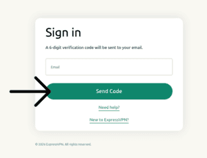 "Send code" option highlighted on the ExpressVPN login page.