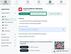 The setup page in the ExpressVPN+ portal, with a highlighted "Download older version" button.