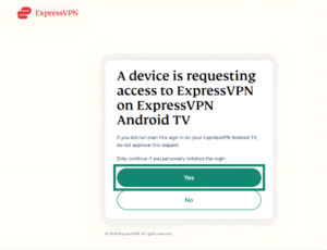 ExpressVPN device sign-in request page on Windows. The Yes button is highlighted.