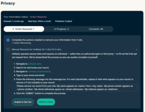 The Identity Defender Privacy tab, open to the Action Required menu, showing the manual removal process.