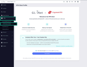 Fortify Admin Panel with VPN and VPN Client Profile highlighted in the navigation menu.
