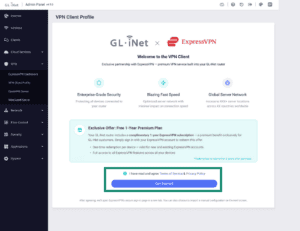 Fortify VPN Client Profile with the Terms of Service checkbox and Get Started button highlighted.