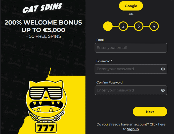 Create your Cat Spins Casino account in a few seconds! 