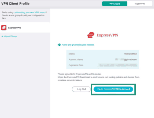 GL.iNet Fortify VPN Client Profile window, showing a highlighted "Go to ExpressVPN Dashboard" button.
