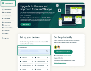 ExpressVPN browser dashboard showing the "Activation Code" field.