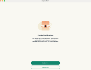 ExpressKeys notification setup screen with Enable Now and Maybe Later options.