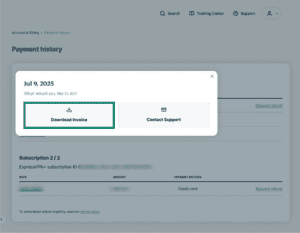A pop-up in the ExpressVPN+ portal, with options to "Download Invoice" or "Contact Support." The "Download Invoice" button is highlighted.