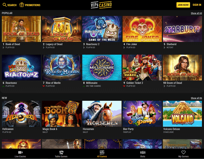 VIPS Casino Free Spins and Cashback Bonus 