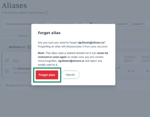  The Forget alias dialog box on ExpressMailGuard.